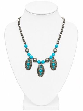 Vintage Silver-tone & Turquoise Colored Beaded Necklace Southwestern Statement